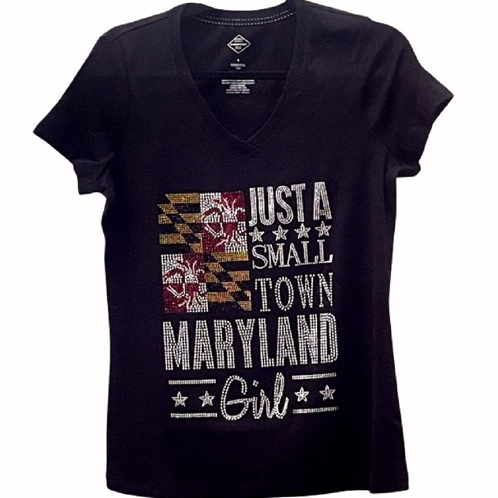Just A Small Town Maryland Girl Rhinestone Woman’s V-Neck Short  - NEW Fast Ship